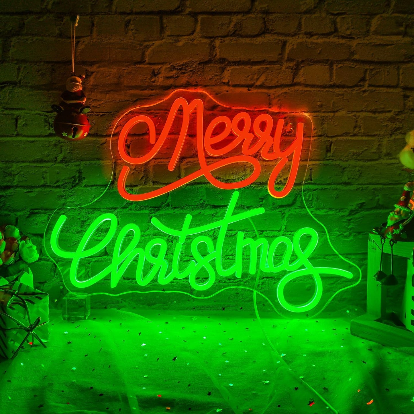 Marry Christmas neon sign in red glowing LED light on wall