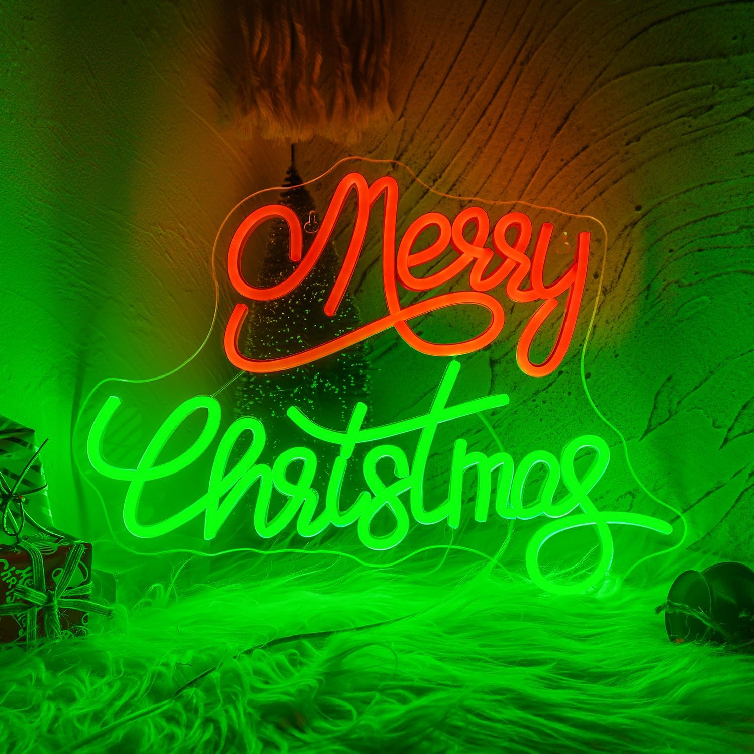 Marry Christmas neon sign in red glowing LED light on wall