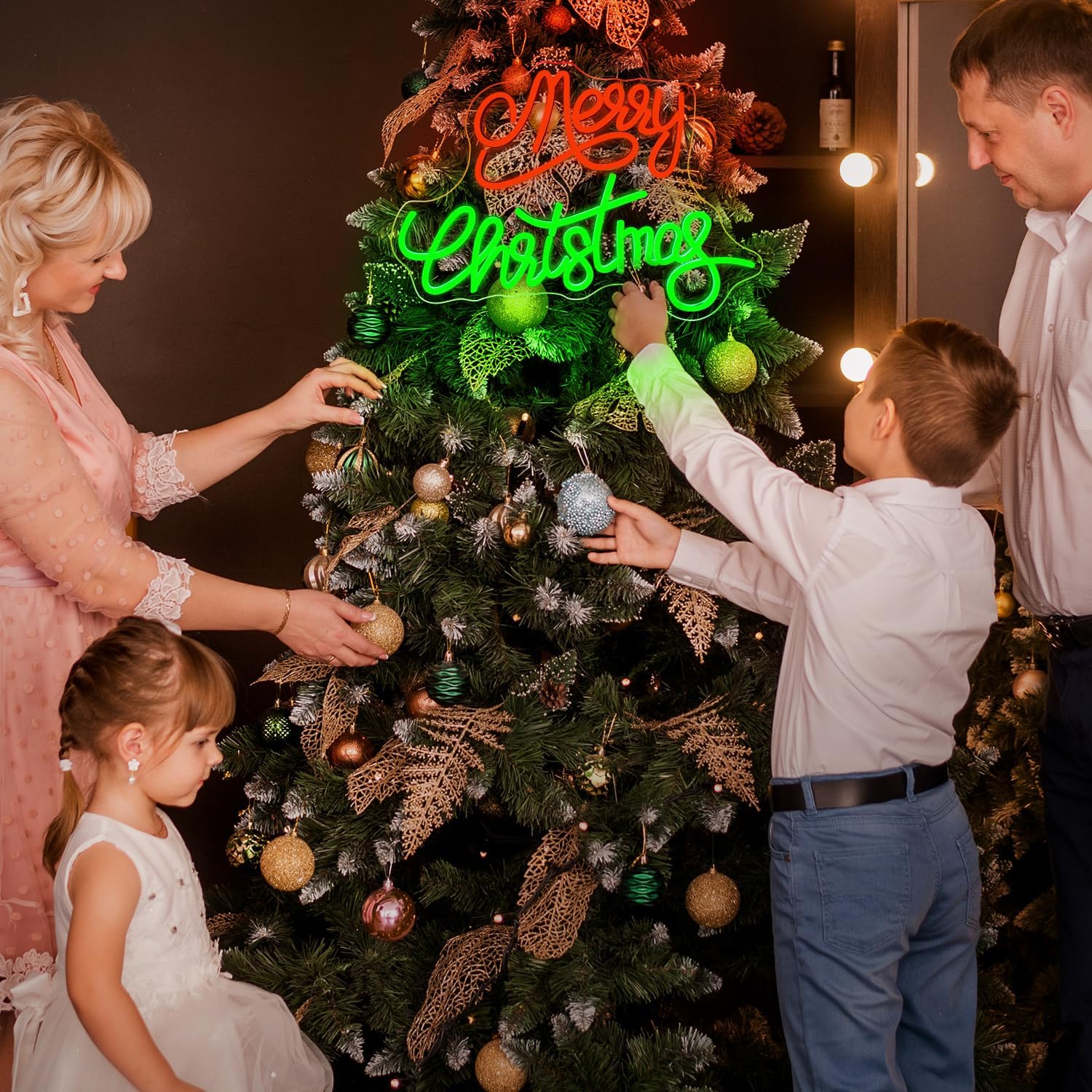 Marry Christmas neon sign in red glowing LED light on wall