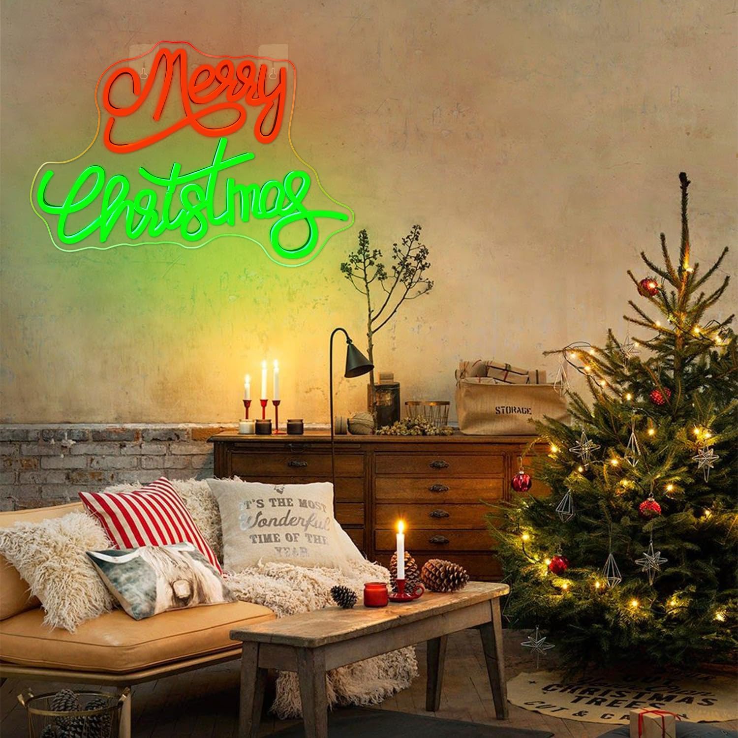 Marry Christmas neon sign in red glowing LED light on wall