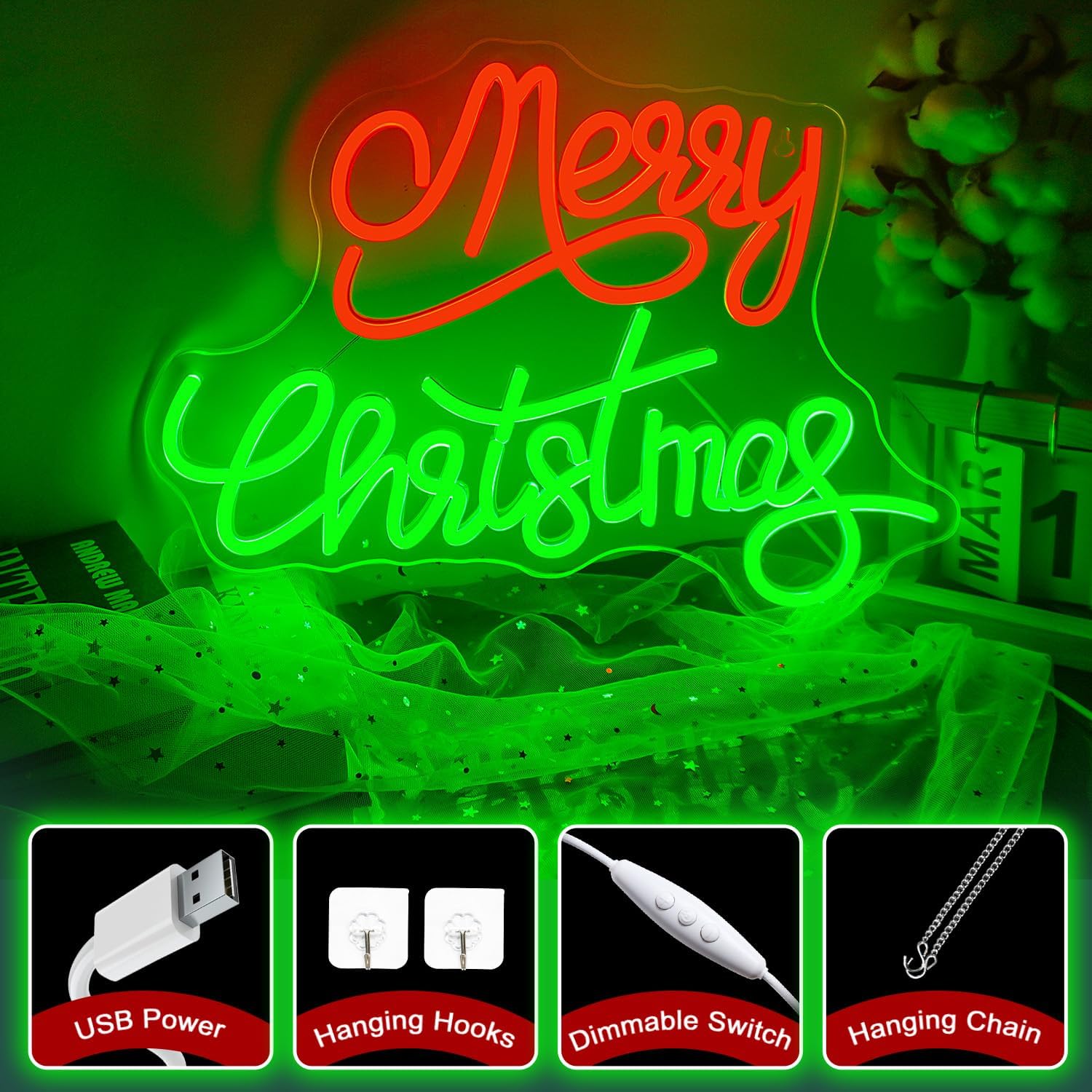 Marry Christmas neon sign in red glowing LED light on wall