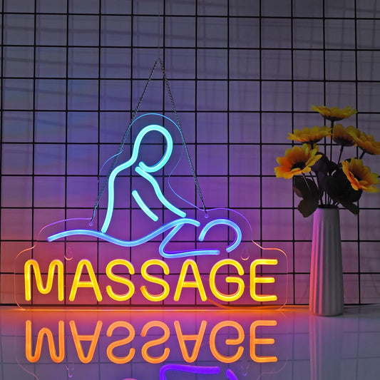 Massage neon sign with calming LED light for therapy and wellness room decor

