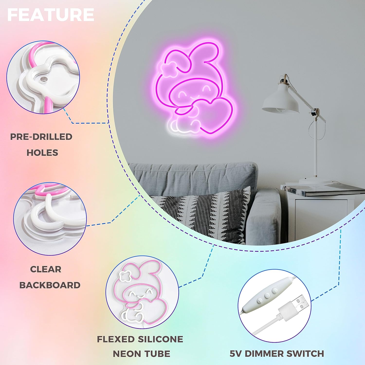 Cute Sanrio Melody neon light decoration for bedroom, soft glow LED lighting