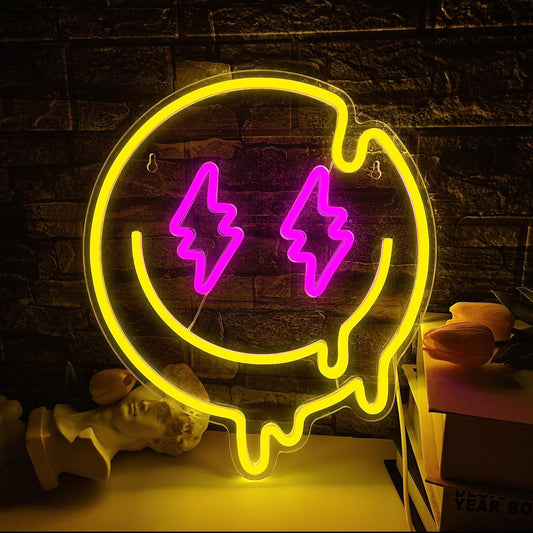 Melting smiley face neon sign with lightning bolt eyes in LED light