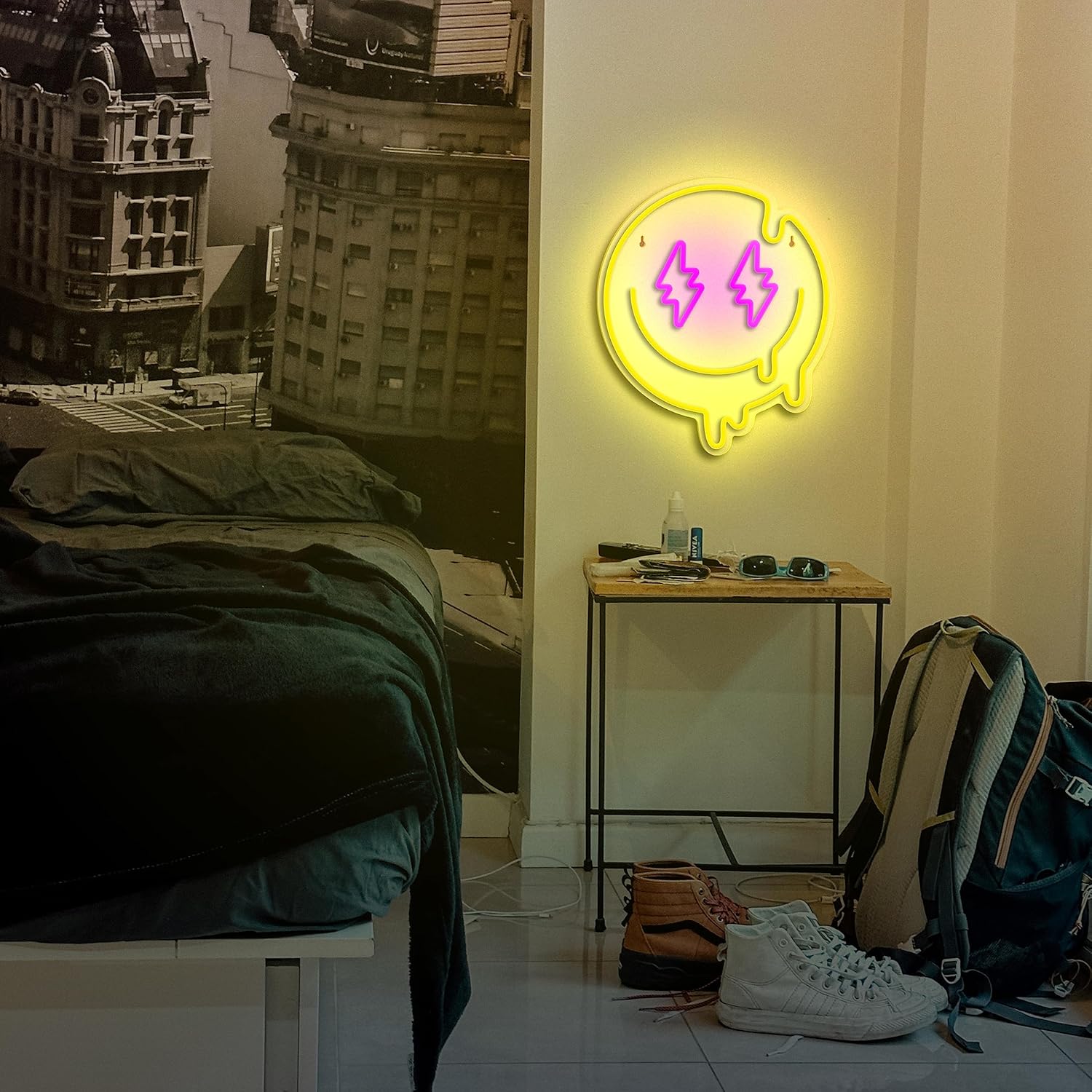 Melting smiley face neon sign with lightning bolt eyes in LED light