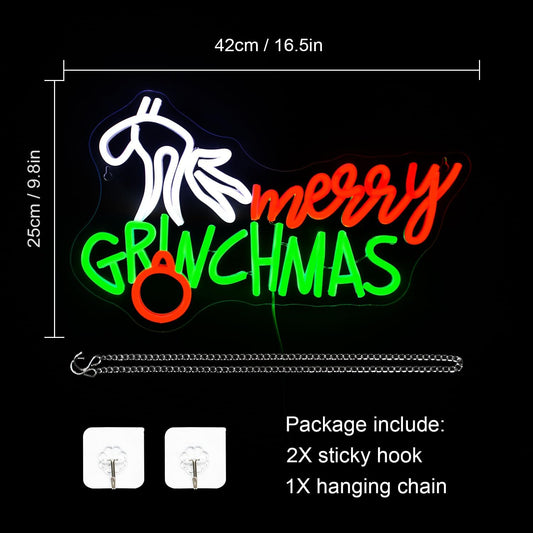 Merry Grinchmas neon sign with a hand holding ornament in red, green, and white LED lights for holiday decor