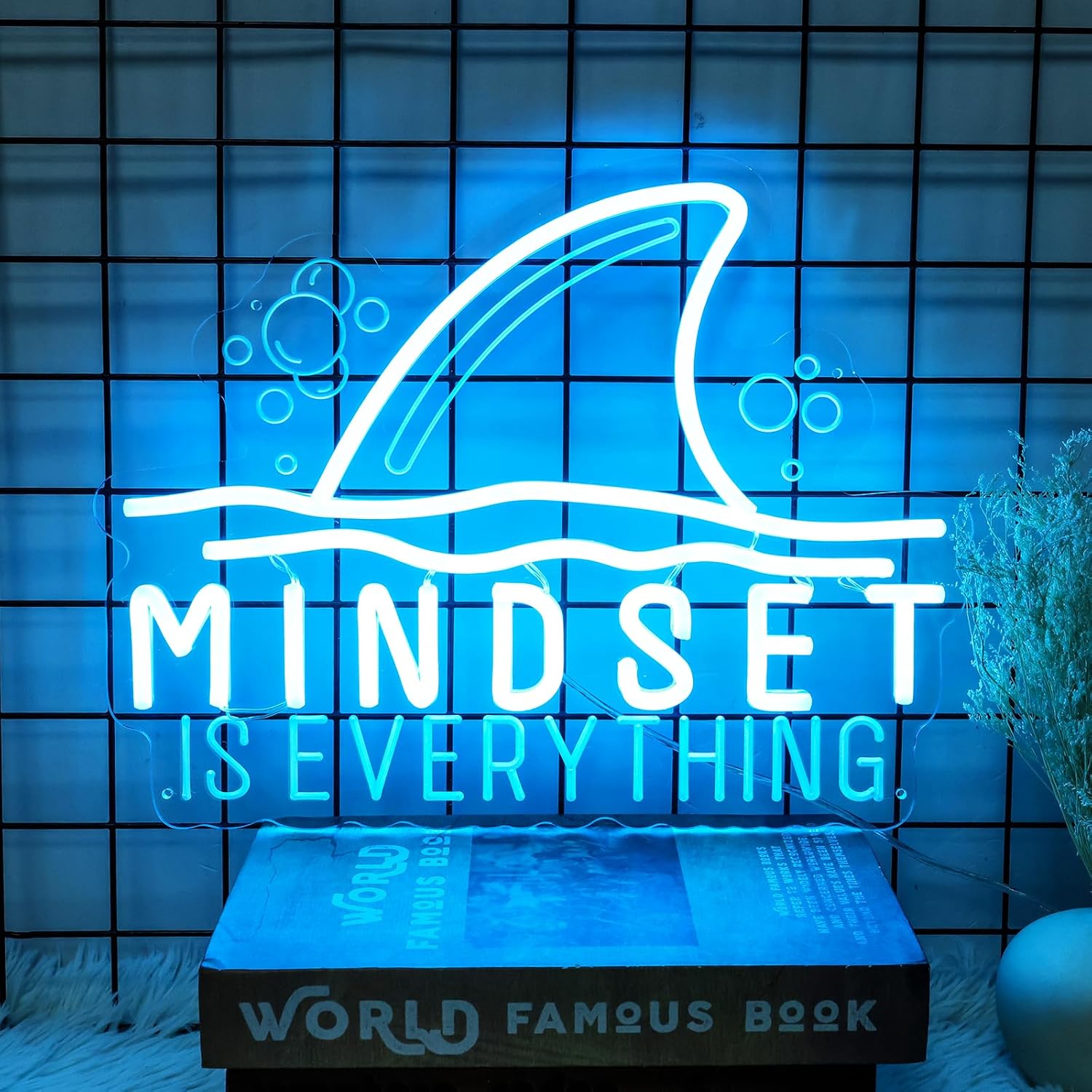 Mindset is Everything neon sign with shark fin graphic – motivational LED wall decor