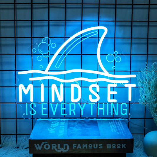 Mindset is Everything neon sign with shark fin graphic – motivational LED wall decor