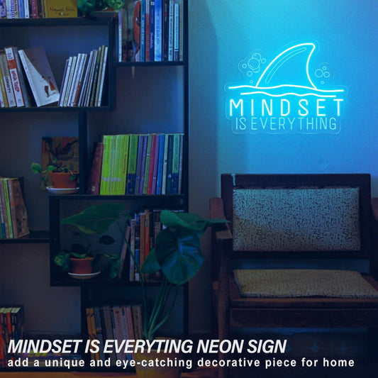 Mindset is Everything neon sign with shark fin graphic – motivational LED wall decor