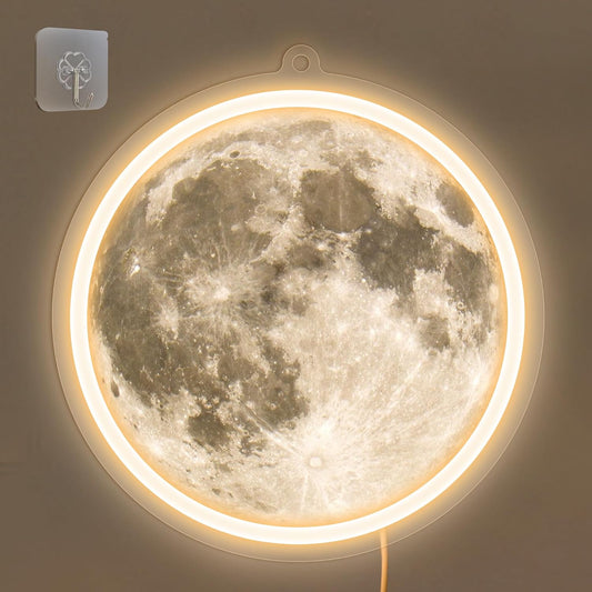 Moon-shaped neon sign with realistic UV-printed lunar surface for space-themed room decor