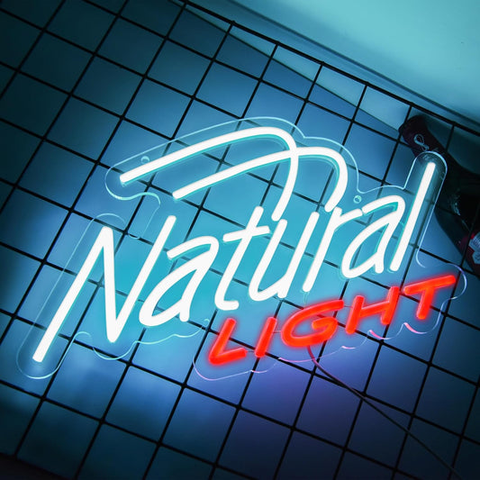 Neon sign displaying the words "Natural Light" in glowing LED lights, perfect for bar wall decor or home beer corner