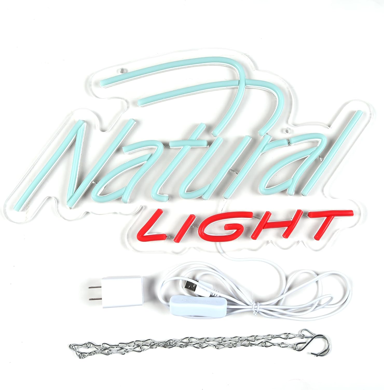 Neon sign displaying the words "Natural Light" in glowing LED lights, perfect for bar wall decor or home beer corner