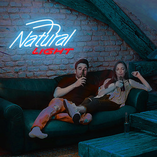 Neon sign displaying the words "Natural Light" in glowing LED lights, perfect for bar wall decor or home beer corner