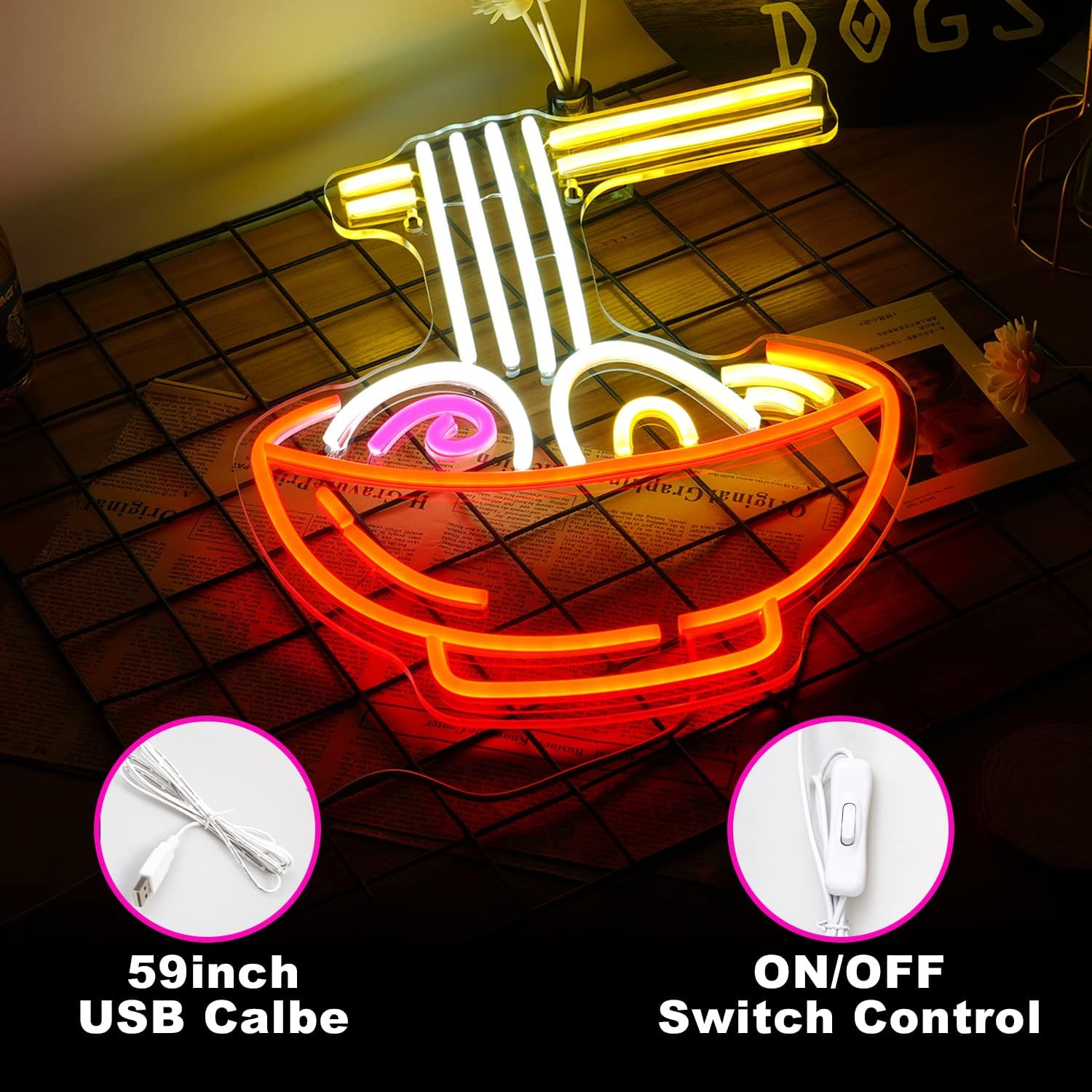 Neon Noodle Bowl Sign - LED Ramen Light for Kitchen, Restaurants & Bars - Deen neon