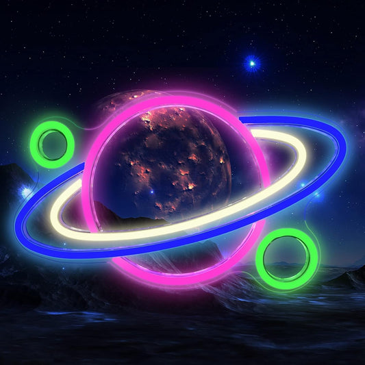 Colorful neon planet sign with LED rings – space theme wall light for bedroom or game room decor