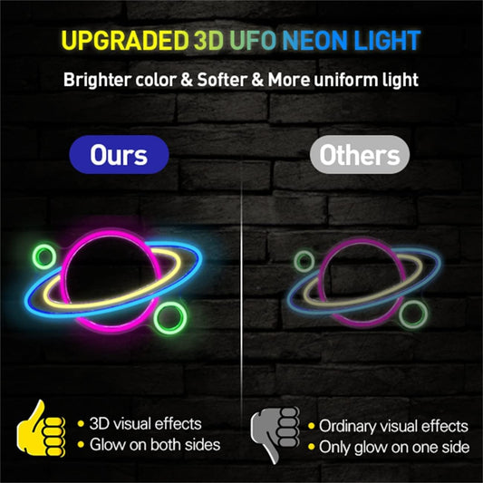 Colorful neon planet sign with LED rings – space theme wall light for bedroom or game room decor