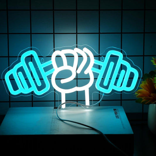 LED neon light sign of a hand holding a dumbbell – perfect for gym decor