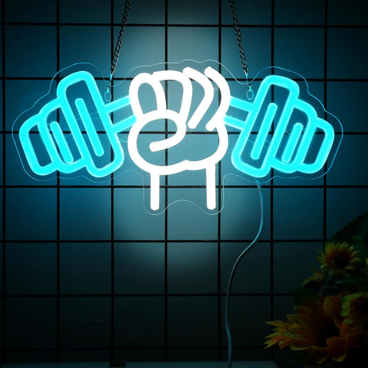 LED neon light sign of a hand holding a dumbbell – perfect for gym decor