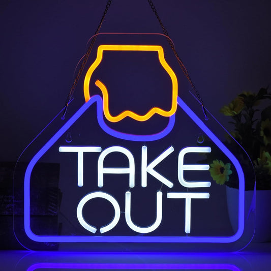 Glowing take out bag LED neon sign with hand illustration – fun restaurant or kitchen wall decor