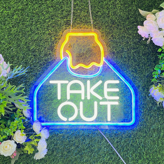 Glowing take out bag LED neon sign with hand illustration – fun restaurant or kitchen wall decor
