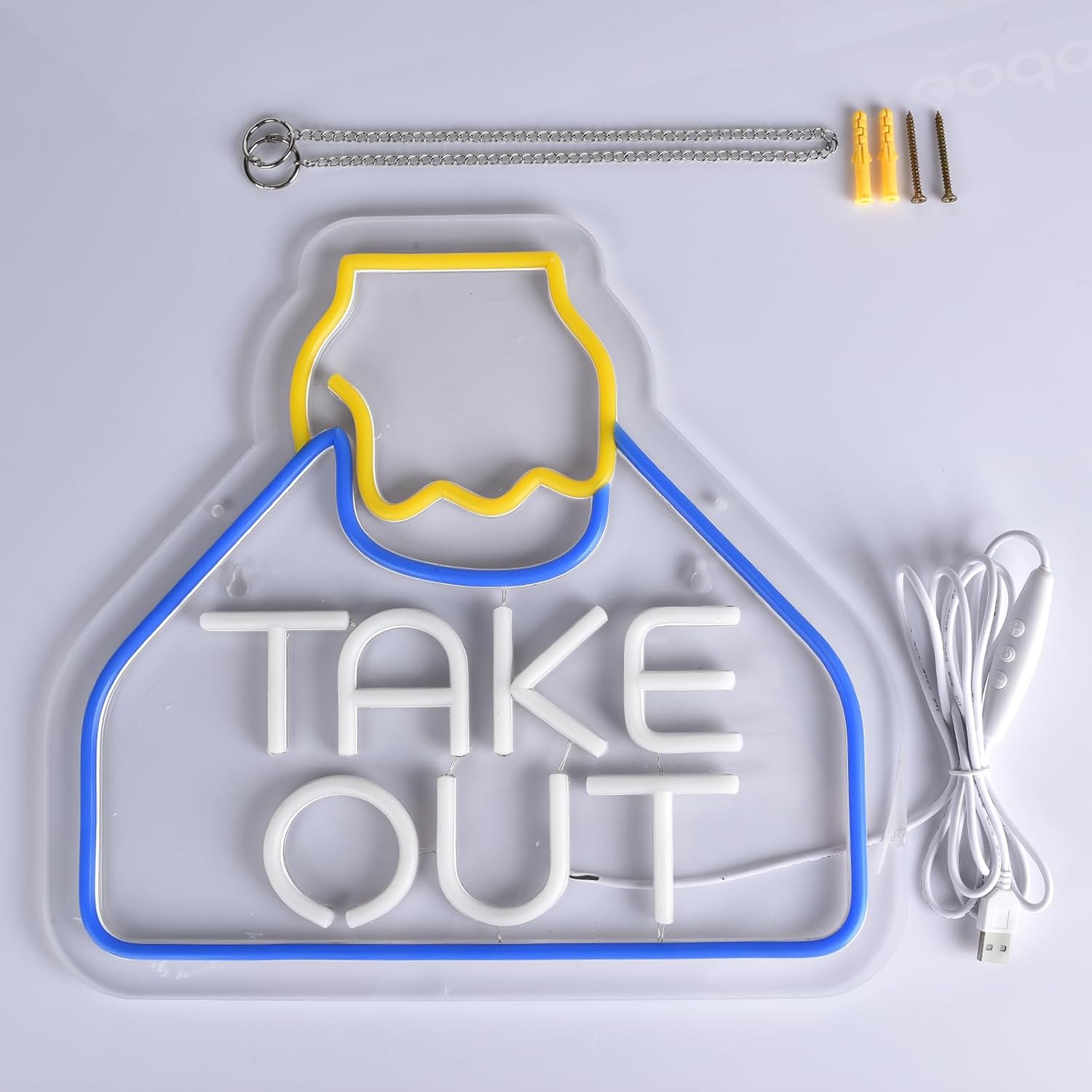Glowing take out bag LED neon sign with hand illustration – fun restaurant or kitchen wall decor