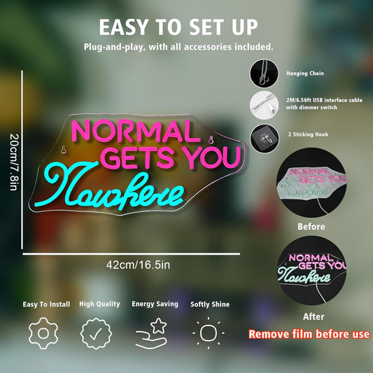 LED neon sign reading "Normal Gets You Nowhere" glowing on a clear backing, ideal for creative interior decor