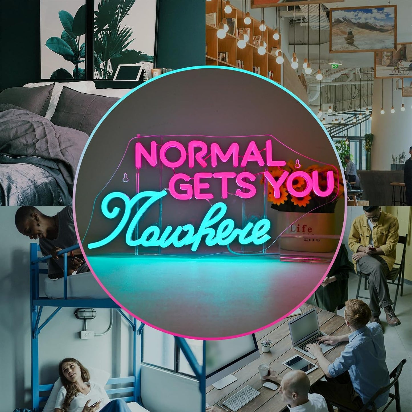 LED neon sign reading "Normal Gets You Nowhere" glowing on a clear backing, ideal for creative interior decor