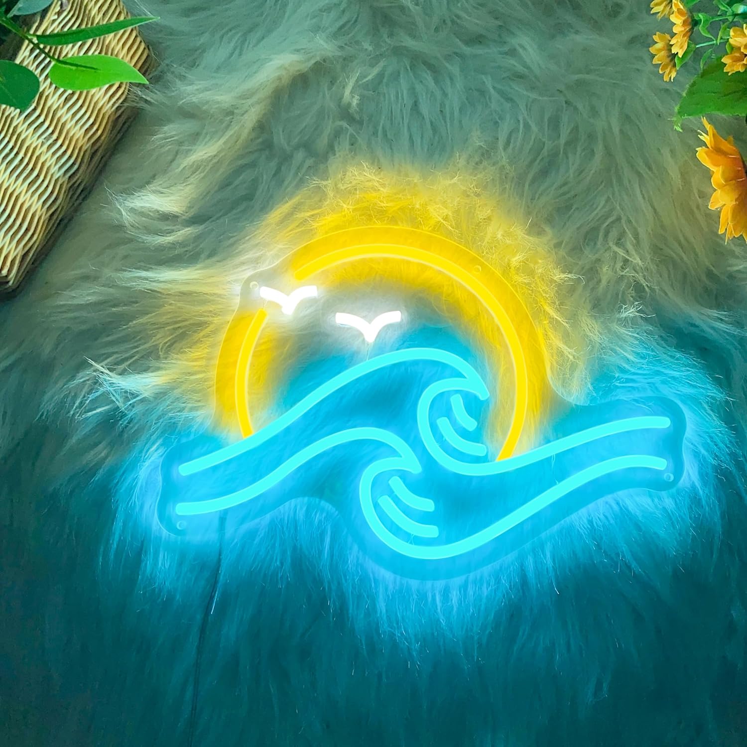 Ocean wave neon sign with sun and flying birds – LED coastal wall decor