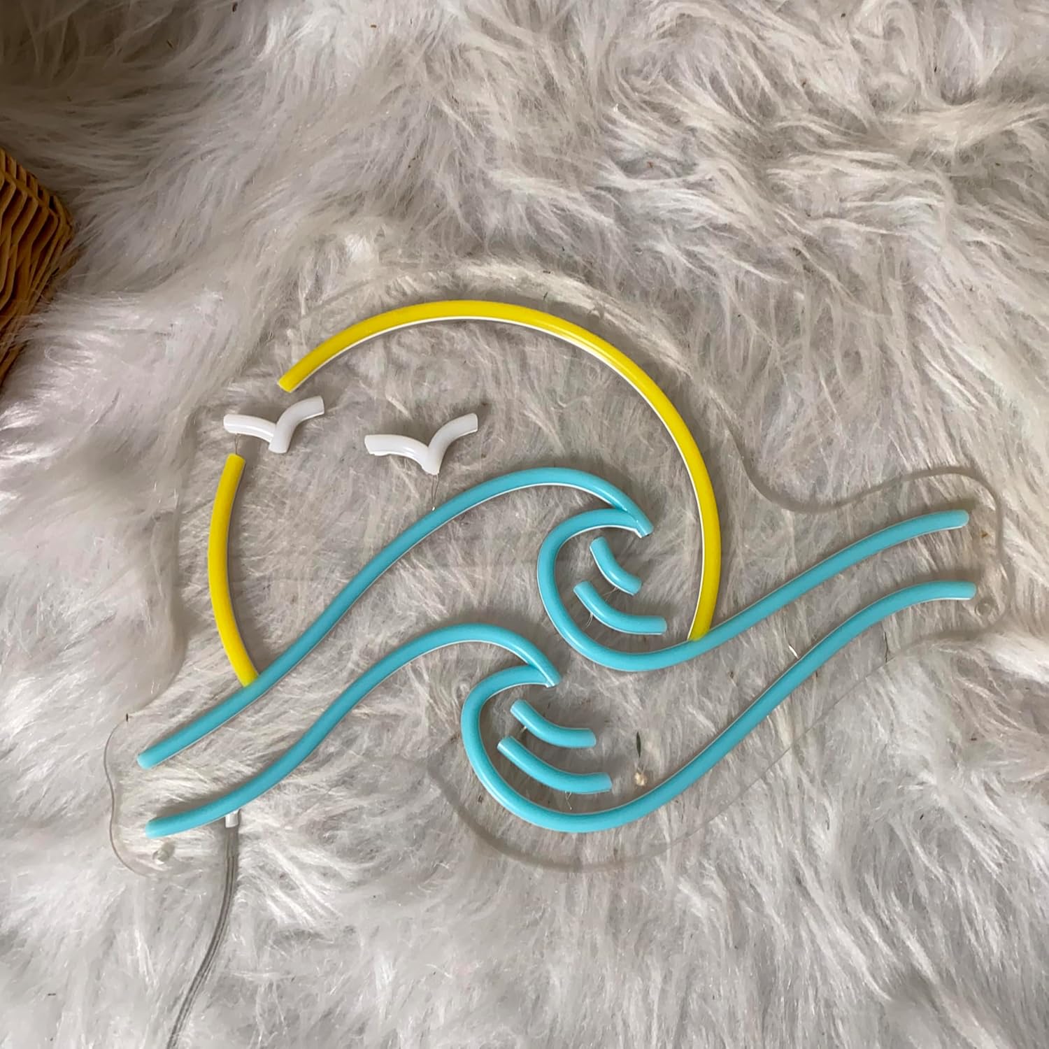 Ocean wave neon sign with sun and flying birds – LED coastal wall decor