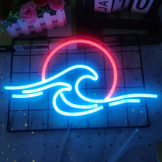 Ocean Wave & Sunrise Neon Sign - LED Wall Light for Surf Lovers, Beach Decor & Aesthetic Rooms - Deen neon