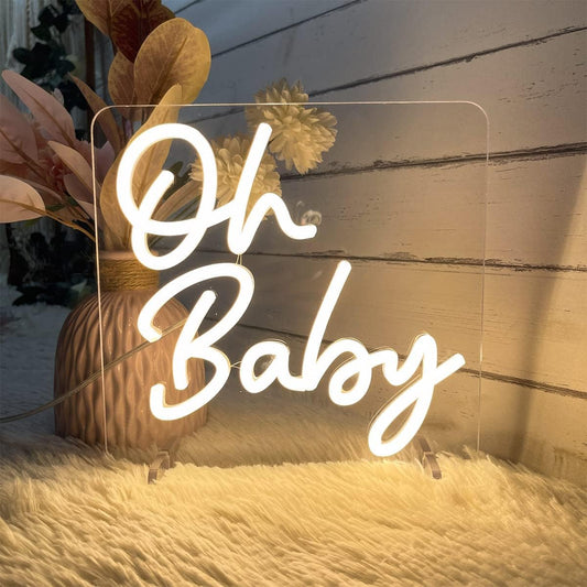 LED neon sign displaying the words "Oh Baby" in warm white light, perfect for baby showers and nurseries