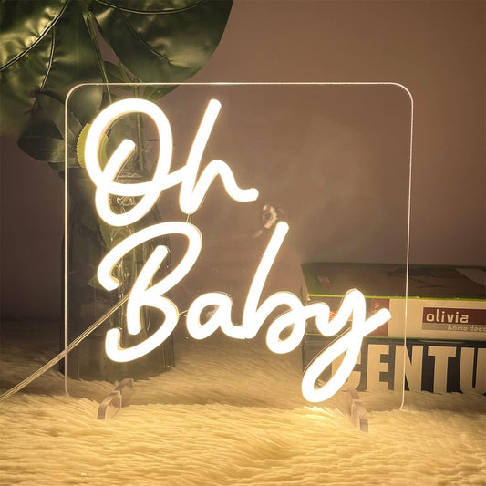 LED neon sign displaying the words "Oh Baby" in warm white light, perfect for baby showers and nurseries