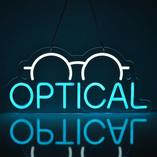Neon sign with eyeglasses icon and OPTICAL text for eyewear store decor