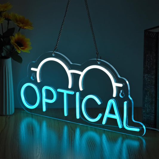 Neon sign with eyeglasses icon and OPTICAL text for eyewear store decor