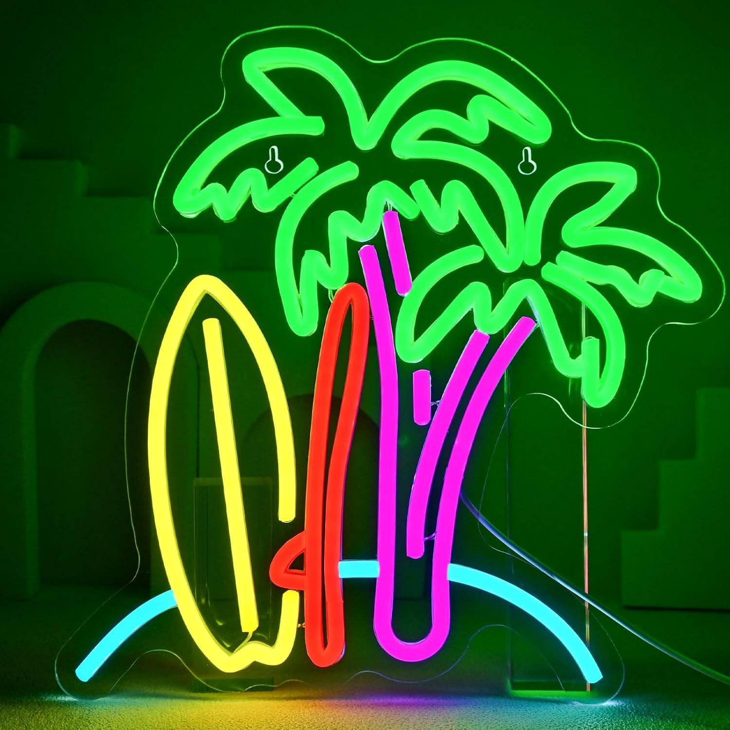 Palm tree and surfboard neon sign – tropical LED wall light for beach lovers