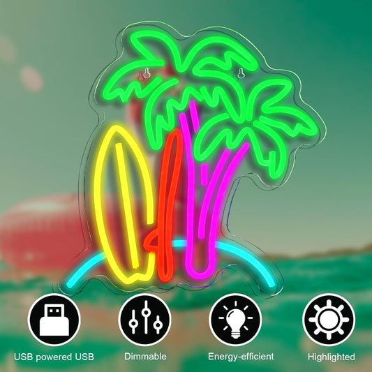Palm tree and surfboard neon sign – tropical LED wall light for beach lovers