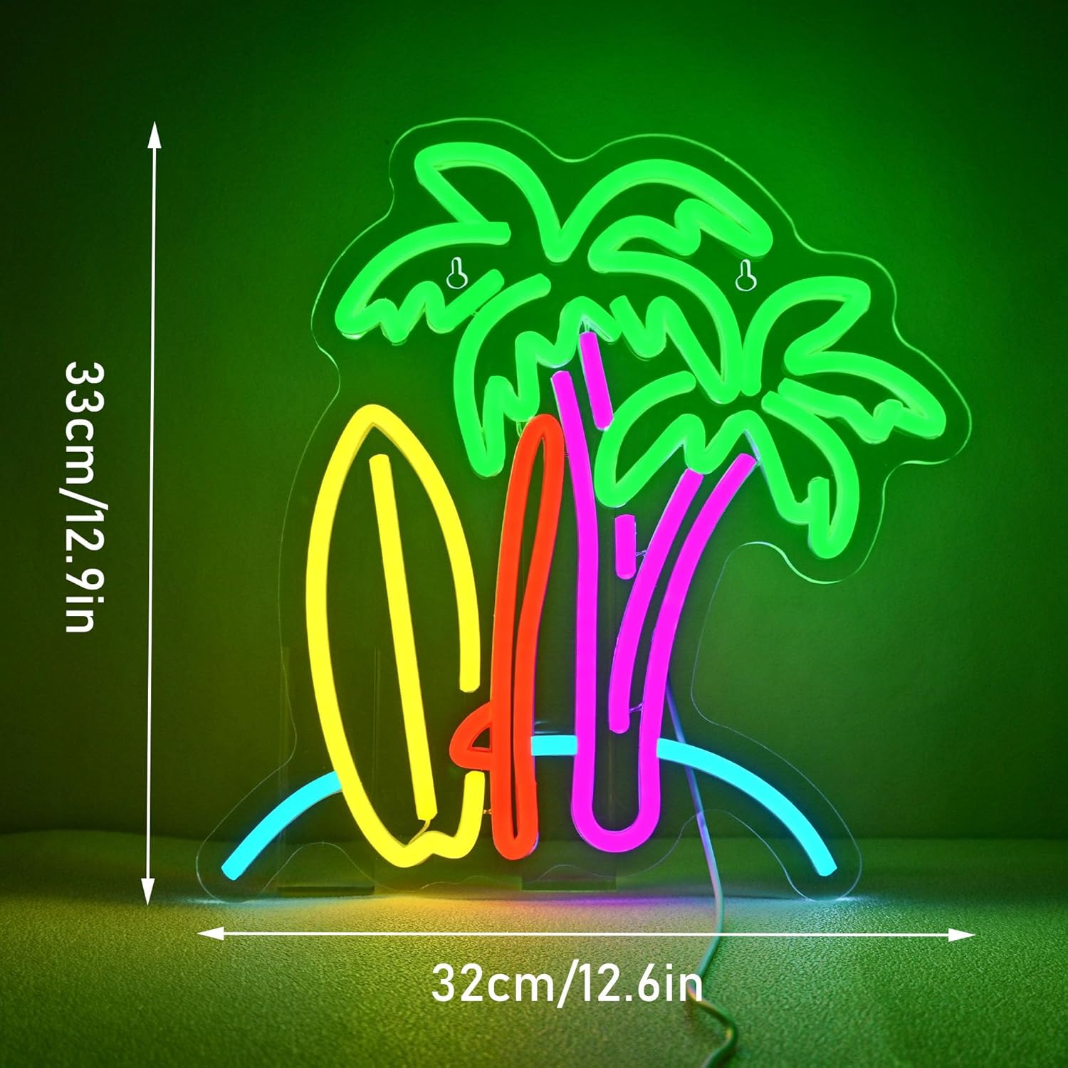 Palm tree and surfboard neon sign – tropical LED wall light for beach lovers
