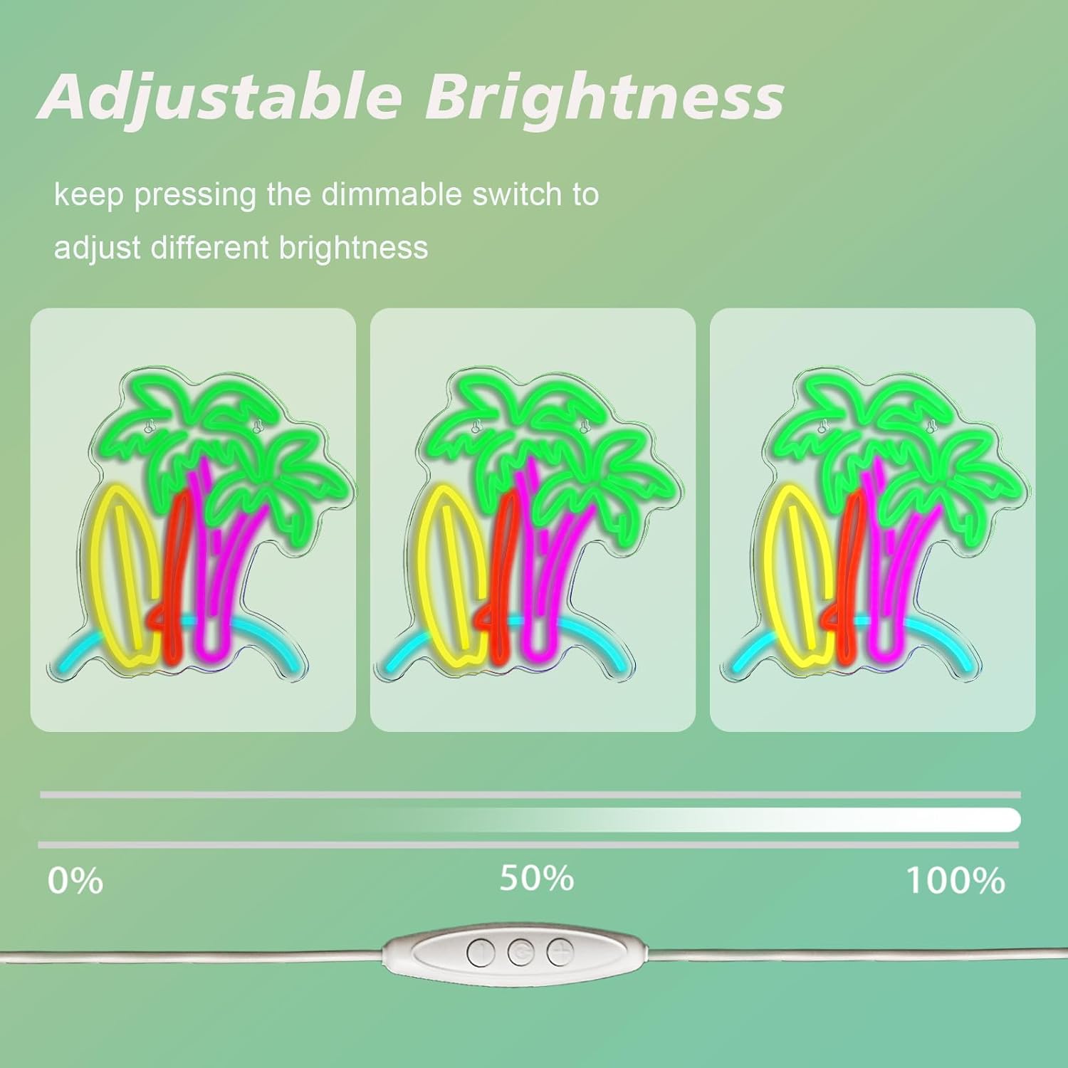 Palm tree and surfboard neon sign – tropical LED wall light for beach lovers