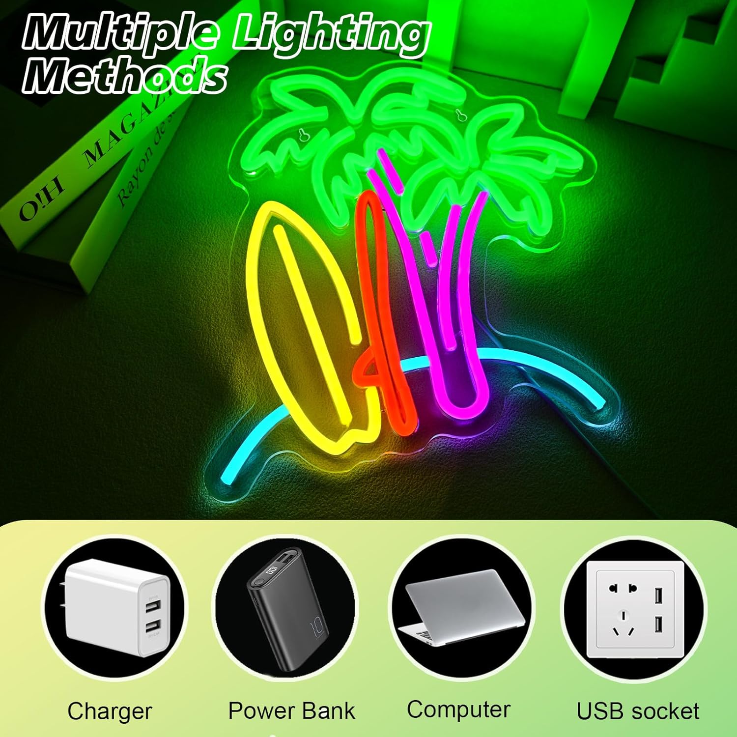 Palm tree and surfboard neon sign – tropical LED wall light for beach lovers