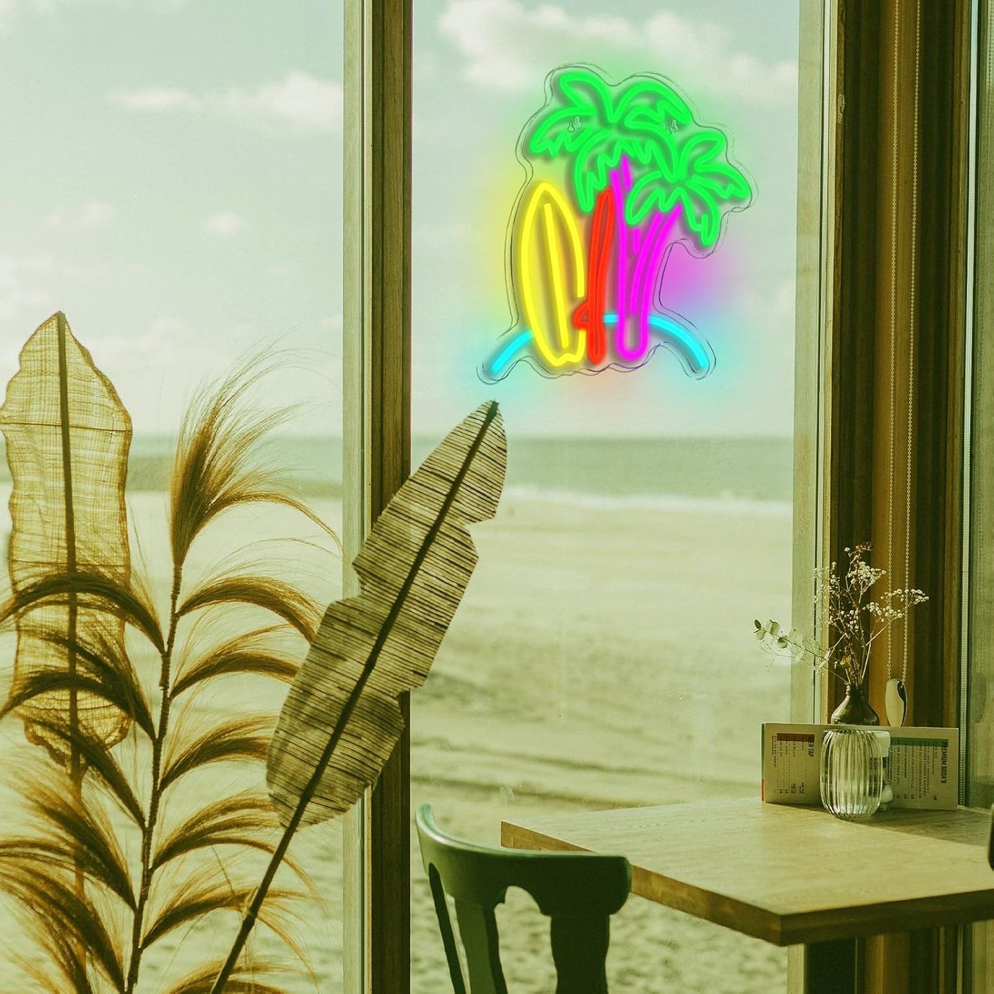 Palm tree and surfboard neon sign – tropical LED wall light for beach lovers