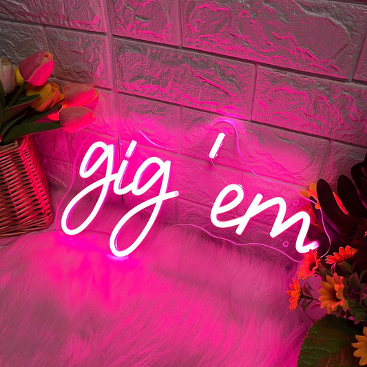 Gig 'Em Neon Sign - Pink LED Wall Light for Game Rooms, Dorms & Party Decor - Deen neon