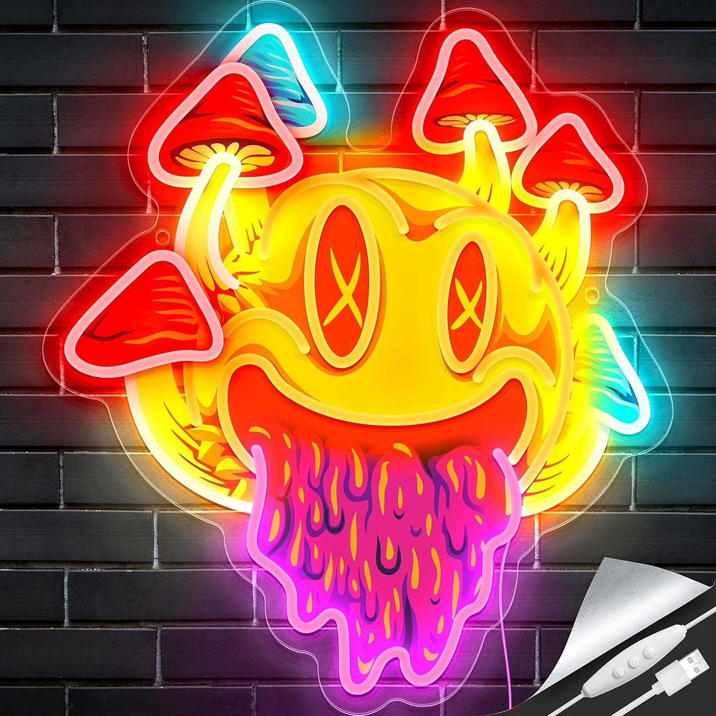 Psychedelic Smiley Mushroom Neon Sign - Trippy LED Wall Light for Room & Bar Decor