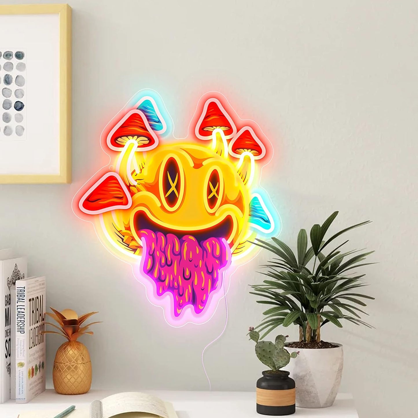 Psychedelic Smiley Mushroom Neon Sign - Trippy LED Wall Light for Room & Bar Decor