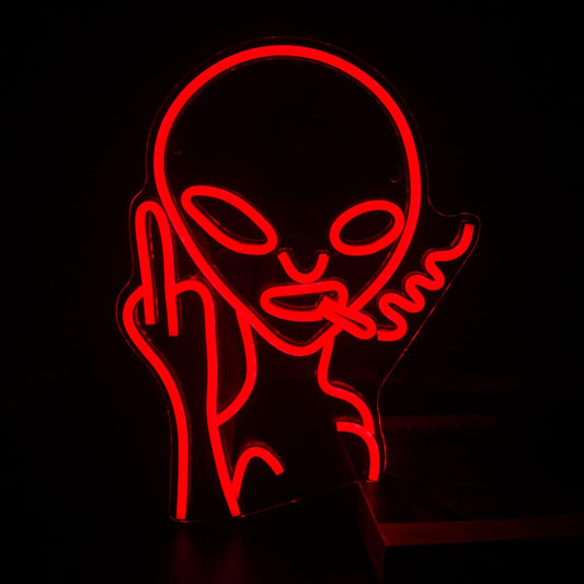 Red Alien Neon Sign - Middle Finger Smoking LED Wall Light for Bar & Man Cave - Deen neon