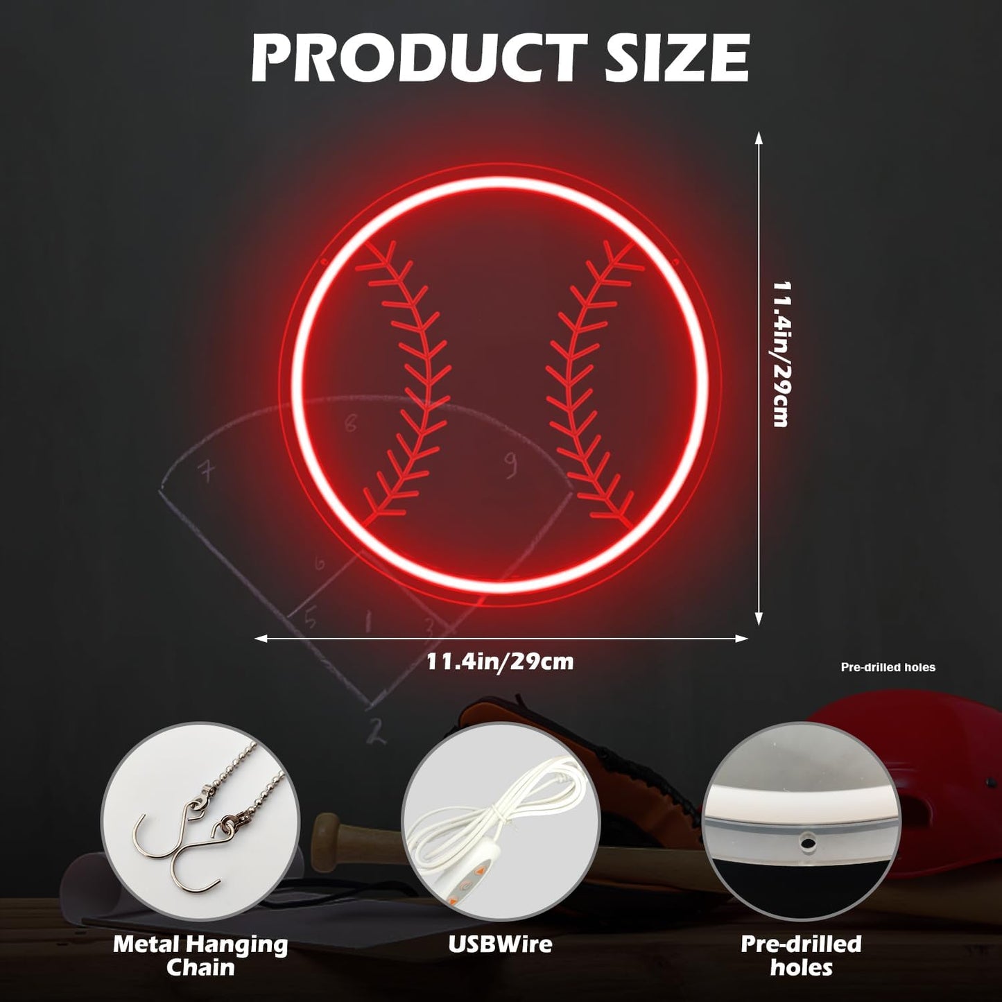 Red baseball neon sign LED wall decor light for sports fans and game rooms