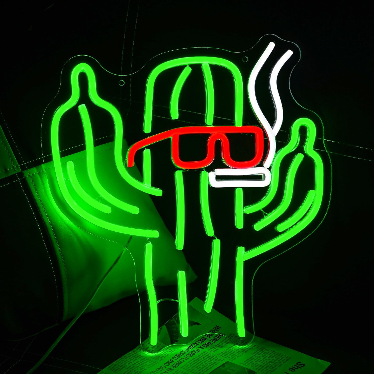 Rebellious cactus neon sign with sunglasses, cigarette, and middle fingers