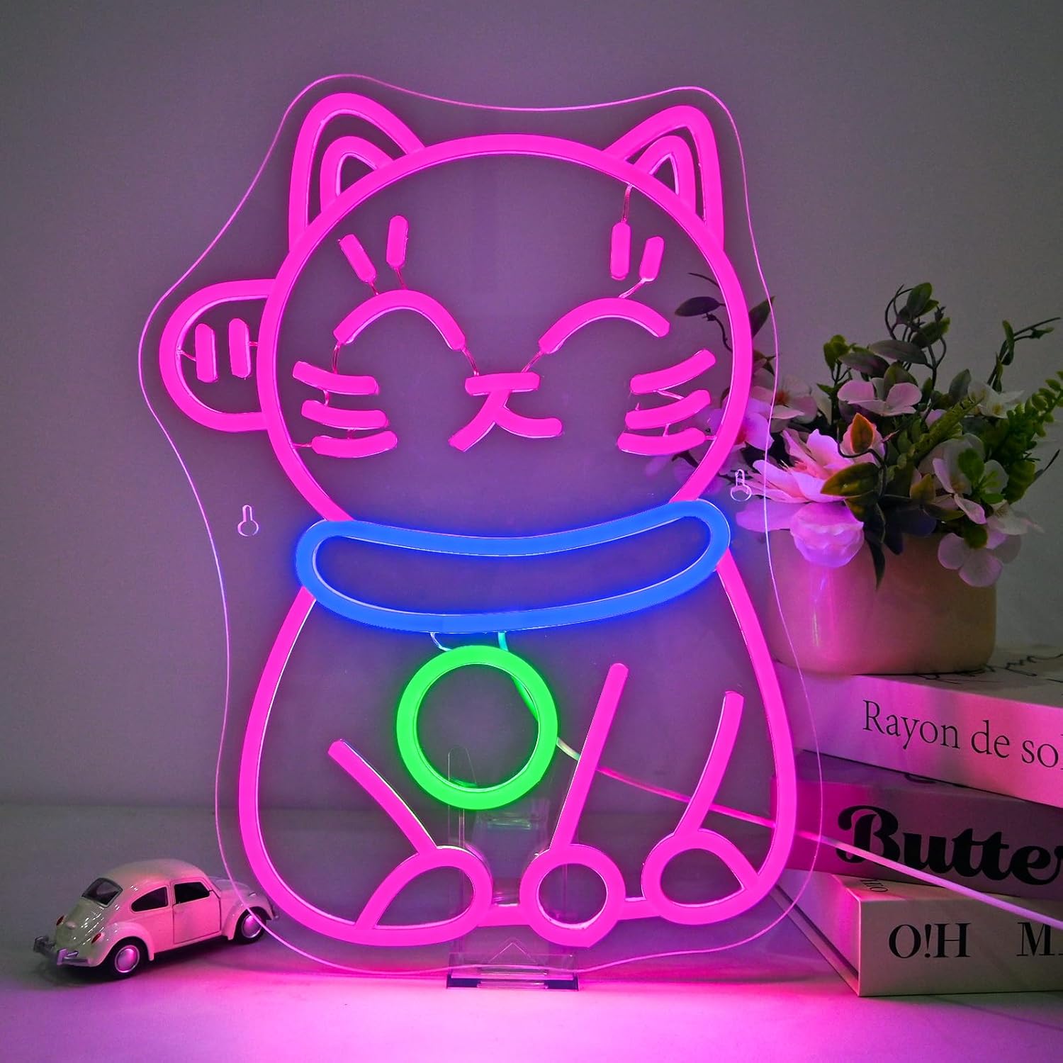 Colorful cartoon cat neon sign in sitting position, LED wall decor for bedrooms or gaming rooms

