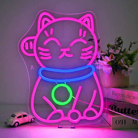 Colorful cartoon cat neon sign in sitting position, LED wall decor for bedrooms or gaming rooms

