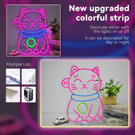 Colorful cartoon cat neon sign in sitting position, LED wall decor for bedrooms or gaming rooms

