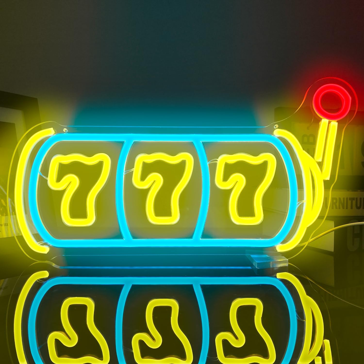 LED neon sign shaped like a slot machine with triple 7s, perfect for game rooms, casinos, and bar wall decor